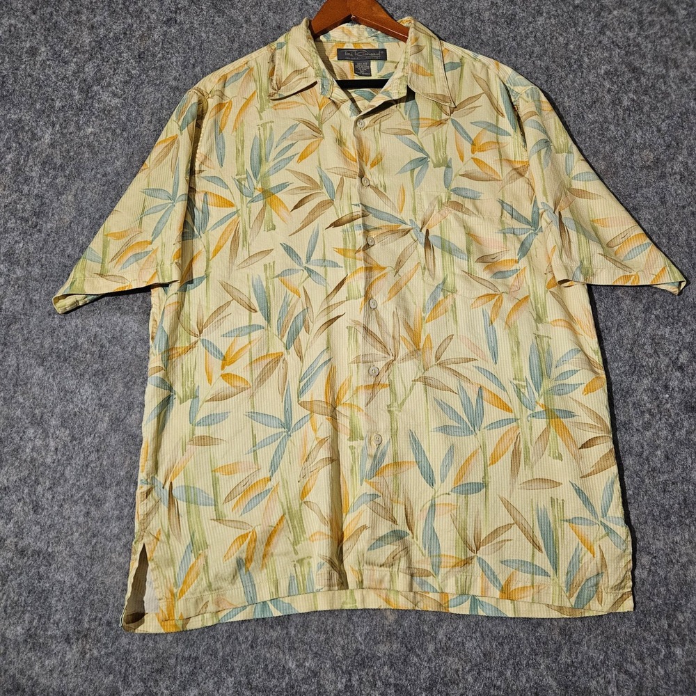 Tori Richard Honolulu Silk Shirt Mens XL Yellow Tropical Bamboo Leaf Print Aloha